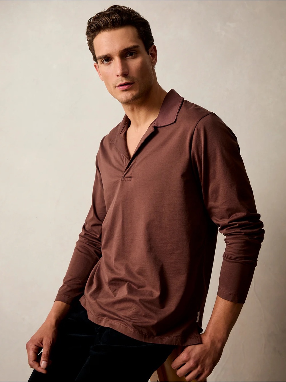 Todd Snyder Japanese Luxe Jersey Montauk Long Sleeve Polo Toasted Brown XL